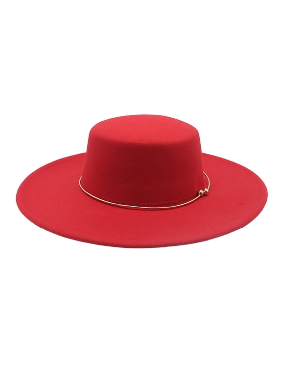 Retro Flat Top Hat, Wool Felt Pork Pie Hat, Bowler Hat with Metal Ring, Wide Brim Trilby Hat for Women Men Autumn Winter