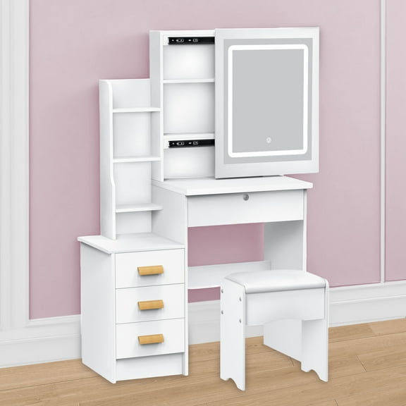 Eonox Vanity Desk with Sliding Lighted Mirror, Makeup Dressing Table with 4 Drawers, Hidden Storage Shelves, 3 Color LED Lights, 31.5" Modern Bedroom Makeup Table
