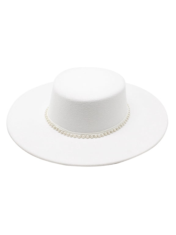 Wide Brim Wool Felt Hat for Women, Vintage Flat Top Fedora with Faux Pearl Trim, Elegant Winter Cap for Autumn Accessories