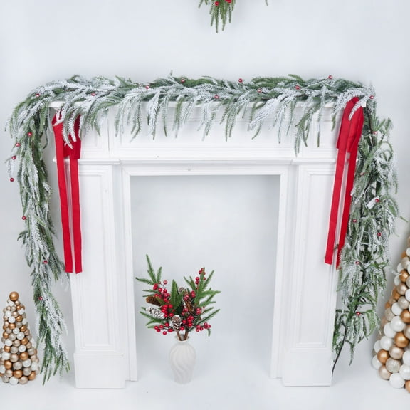 Eoozwa 1 Packs 180cm Flocked Rattan Christmas Garland with Snow Tips Artificial Pine Needles for Holiday Tree Mantel Staircase Indoor Outdoor Xmas Party Decor Flexible DIY Festive Trim