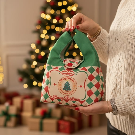 Eoozwa 1 Packs Canvas Christmas Gift Bag Reusable Festive Tote with Handles Holiday Party Favor Pouch for Candy Exchange Decorations Storage