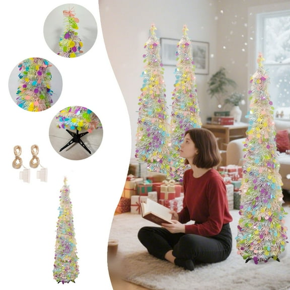 Eoozwa 1 Packs Foldable Christmas Tree with Colorful Lights 150cm Holiday Decor for Home Party Xmas Festival Decoration Plastic Tree with Sequins Ornaments Christmas Decoration