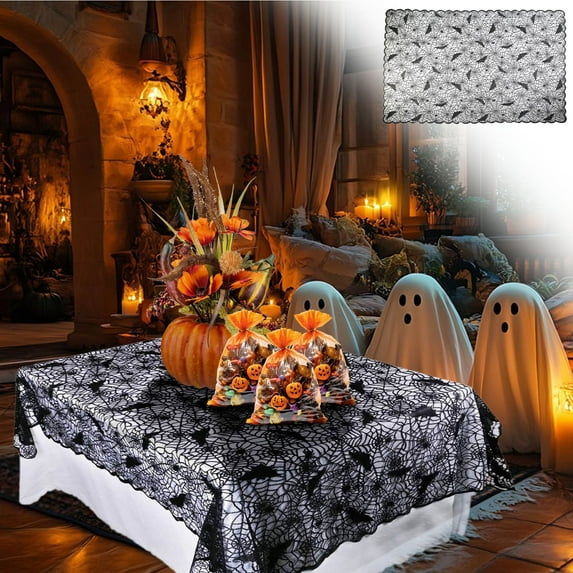 Eoozwa 1 Packs Halloween Decorations Black Lace Spiderweb Tablecloth Table Runner Topper Covers Fireplace Scarf Table Halloween Party Decor 60x84in