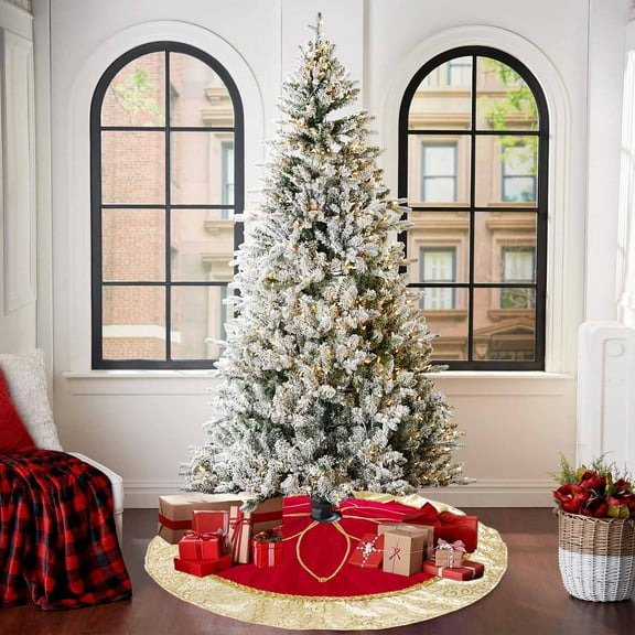 Eoozwa 1 Packs Red Velvet Christmas Tree Skirt with Gold Snowflake Embroidery Festive Holiday Party Decor for Home Tree Base Cover Reusable Xmas Decoration