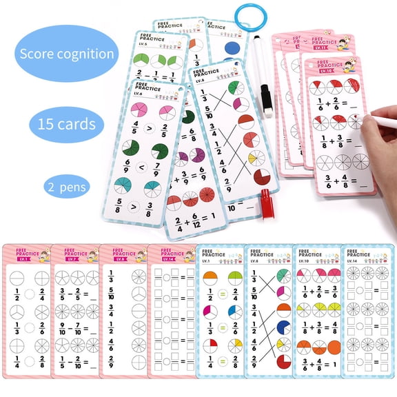 Eoozwa 15 Reusable and Erasable Math Number Cards for Learning, Educational Toy for Fraction and Calculation Practice, Dry Erase Flash Cards