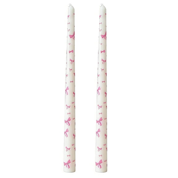 Eoozwa 2 Pack French Bow Print Long Stem Candle 9.8 Inch Romantic Wedding Party Decoration, Handcrafted Paraffin Wax Candle with Exquisite Pattern, Smoke Free Odorless for Birthday Dinner
