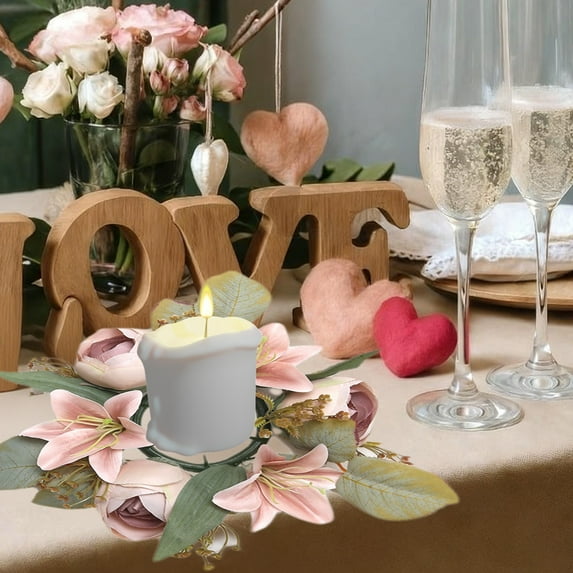 Eoozwa 2 Packs Artificial Lily Rose Candlestick Wreath Realistic Floral Table Centerpiece for Valentine's Day Farmhouse Home Decor Wedding Dining Room Table Decorations
