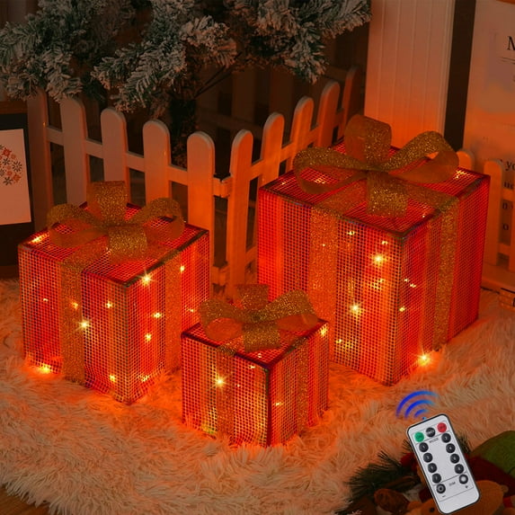 Eoozwa 2 Packs Christmas Set of 3 LED Gift Box Light Up Presents Box Remote Control Outdoor Elevated Christmas Box Gift Decoration for Indoor Outdoor Terrace Yard Holiday
