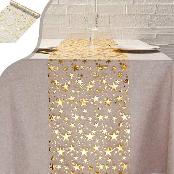 Eoozwa 2 Packs Gold Star Glitter Table Runner for Dining Table Decor Party Tablecloth with Shimmer Finish Holiday Celebration Decoration Christmas Halloween Birthday Party Supplies