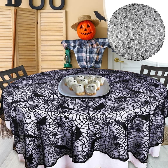 Eoozwa 2 Packs Halloween Decorations Black Lace Spiderweb Round Tablecloth Table Runner Topper Covers Fireplace Scarf Table Halloween Party Decor 70in