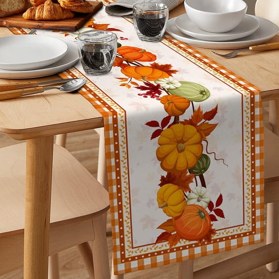 Eoozwa 2 Packs Linen Thanksgiving Table Runner with Pumpkin Maple Leaf Design, Autumn Harvest Kitchen Dining Decor for Holiday Parties and Gatherings