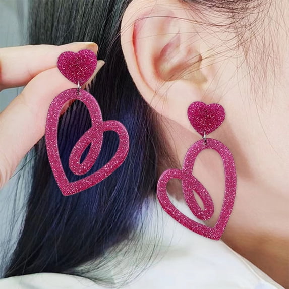 Eoozwa 2 Packs Valentine's Day Heart Earrings for Women Sparkly Acrylic Dangle Earrings Romantic Gift Idea Party Accessories Cute Love Jewelry