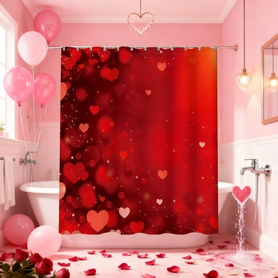 Eoozwa 2 Packs Valentine's Day Shower Curtain Romantic Heart Rose Print Waterproof Polyester Bathroom Decor for Couples Holiday Gift