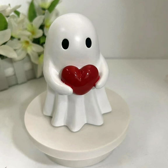 Eoozwa 3 Packs Halloween Ghost Figurine Cute Ghost with Heart Ornament Spooky Resin Statue for Anniversary Halloween Tabletop Indoor Outdoor Decorations