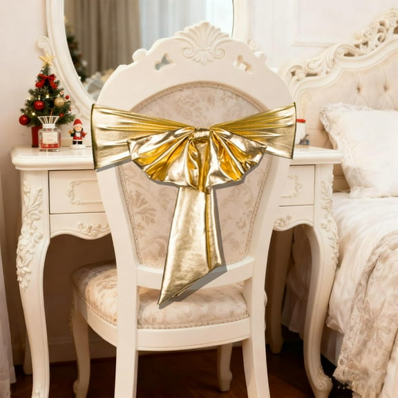 Eoozwa 4 Packs Gold Chair Sash with Pre-Tied Bow Elastic Banquet Decor for Wedding Reception Party Decoration Stretch Ribbon Floral Accent Hotel Event Supplies