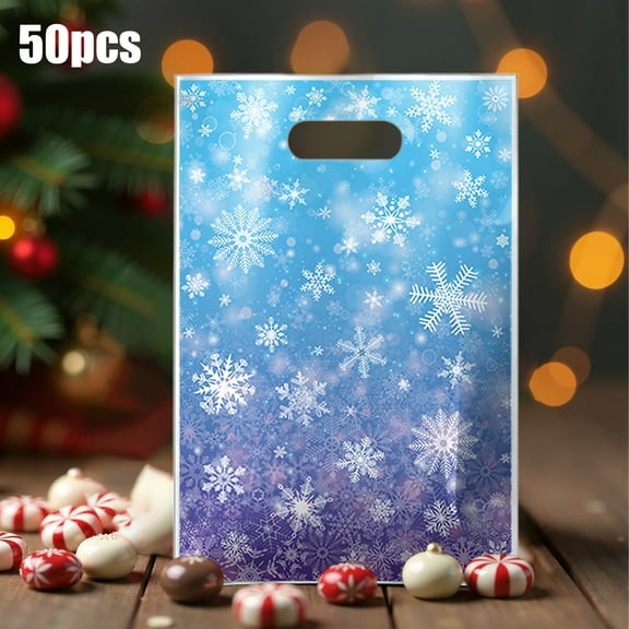 Eoozwa 50 Pcs Winter Snowflake Party Favor Bags, Blue and Purple Snowflake Goodie Bags Bulk with Handles, Holiday Plastic Gift Candy Bag for Birthday Christmas Winter Party Supplies