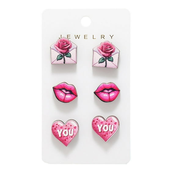 Eoozwa 6 Piece Wooden Stud Earrings Set Heart Rose Designs Lightweight Valentines Day Gift for Women Multicolor Assorted Jewelry
