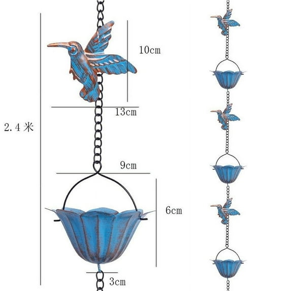 Eoozwa 94.49In Rain Chain, Hummingbird Rain Chains for Outside, Copper Rain Chain Bell with 9 Cups, Decorative Rain Catcher Chain Replacement Downspout for Gutters