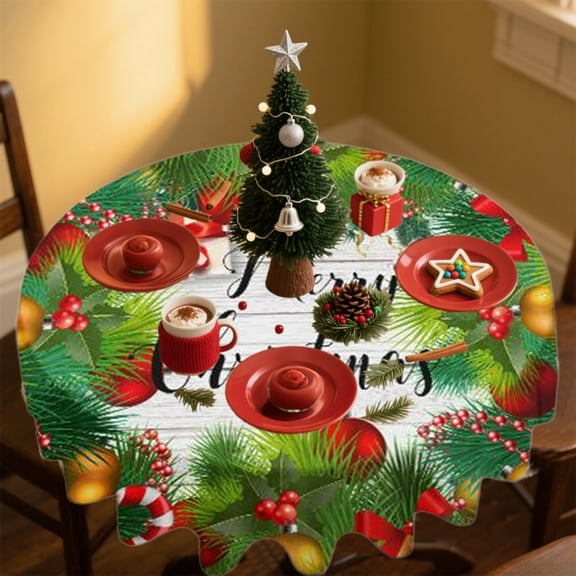 Eoozwa Christmas Tablecloth Round Waterproof Washable Reusable Table Cover Holiday Dining Decor for Kitchen Party Festive Dinner Table Cover 60 Inch