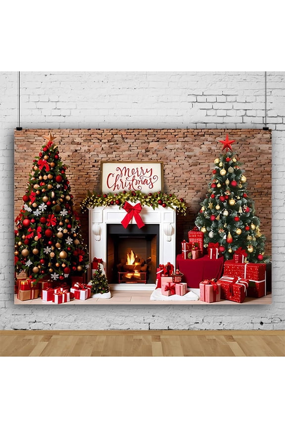 Christmas Tree Backdrop Fireplace Background for Photography Beautiful Christmas Trees with Xmas Balls Gifts Backdrops Decoration Photo Booth Props 59x70.8in
