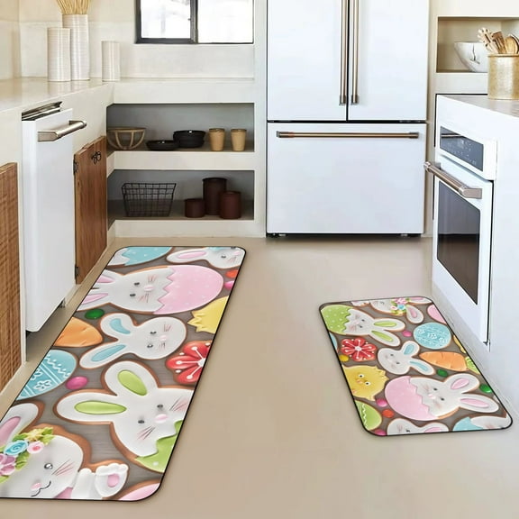 Eoozwa Colorful Bow Tie Bunny Egg Beads Easter Kitchen Mats Set of 2, Spring Home Decor Low-Profile Kitchen Rugs for Floor Nonslip Mat