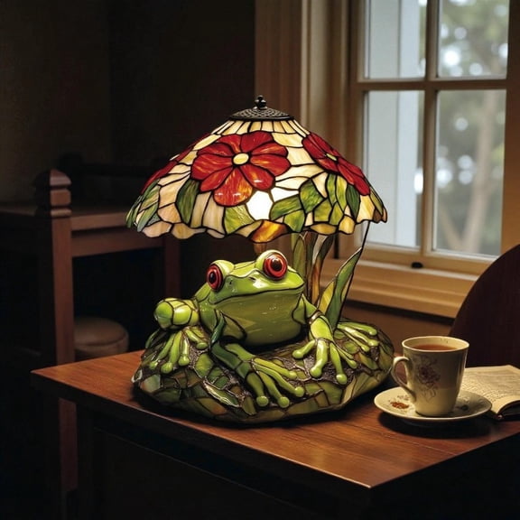 Eoozwa Creative Frog Flower Stained Glass Table Lamp, Sculpted Base with Floral Shade, Warm Ambient Light, Cute Green Design, Ideal Night Light for Bedroom, Living Room Reading Nook