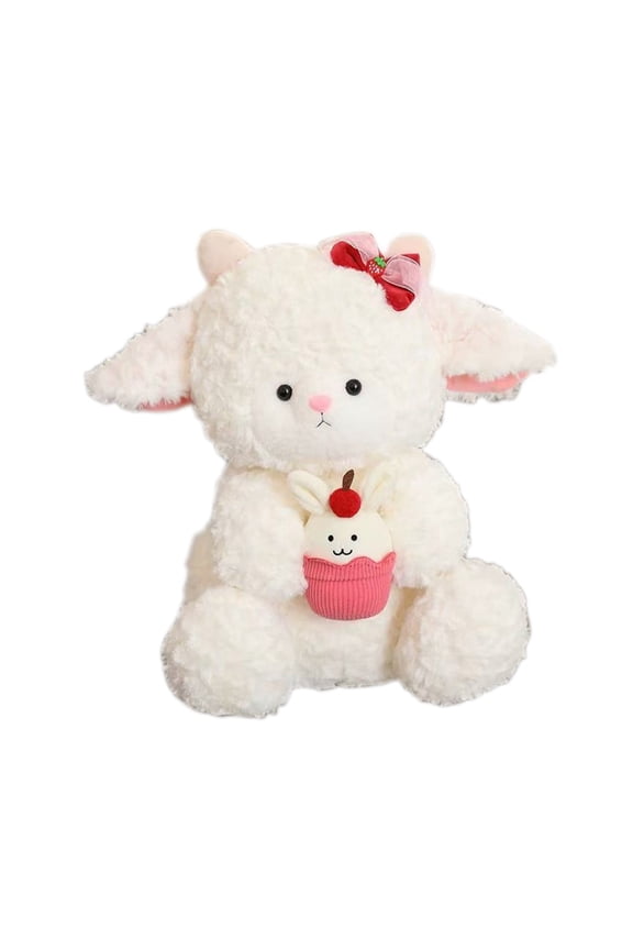 Cute Stuffed Lamb Plush Toy with Cupcake Bunny, Soft Fluffy White Sheep Doll with Strawberry Bow, Ideal for Valentine's Day, Easter, Mother's Day, Wedding Decor, Birthday Gifts