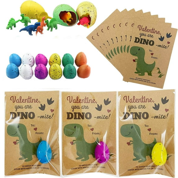 Eoozwa Dinosaur Hatching Valentine Cards Set with Growing Water Toys for Classroom Party Gift Exchange Activities