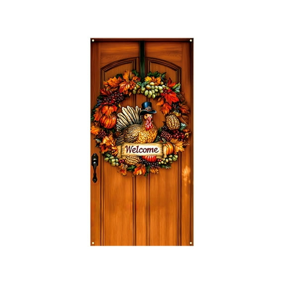 Eoozwa Fall Thanksgiving Door Cover Happy Fall Door Decorations Fall Harvest Pumpkin Photography Backdrop for Thanksgiving Party Supplies Autumn Home Decor , 71 x 35 Inches