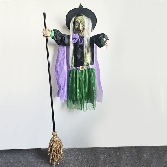 Eoozwa Flying Witch Halloween Decoration - 6ft Light-Up Yard Prop for Spooky Garden Displays, Weather-Resistant Outdoor Party Decor with Easy Setup