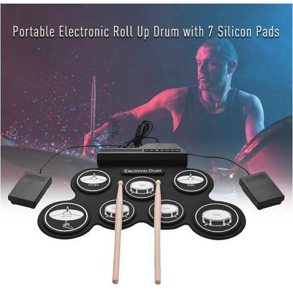 Eoozwa Foldable USB Electronic Drum Pad, Portable Roll Up Drum Set with Kick Pedal & Hi-Hat Control, Practice Drum Kit for Home Travel, Compatible with PC Software, Includes Stand and Sticks