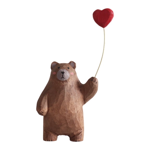 Eoozwa Hand Carved Wooden Bear Figurine Holding Heart Balloons Desk Decor for Valentine Gift Home Decoration Cute Accent Piece Gift