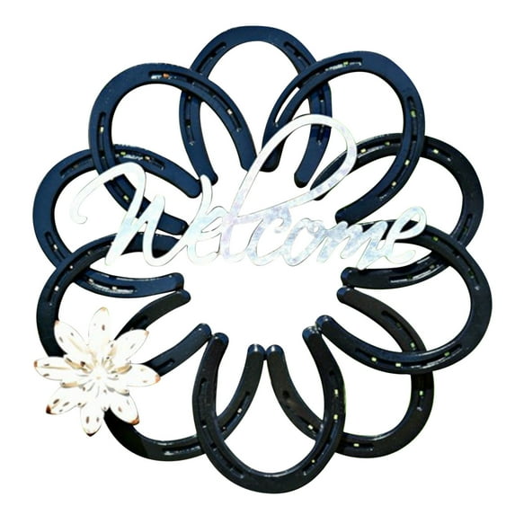 Eoozwa Metal Horseshoe Wreath Recycled Iron with Welcome Sign for Outdoor Courtyard Garden Valentine Decor