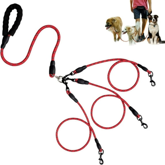 Eoozwa No-Tangle 3-Dog Leash - Main Lead Rope with Padded Handle, Three Detachable Leash Splitters, Heavy-Duty Clip, for Walking, Running, Small, Medium, Large Dogs