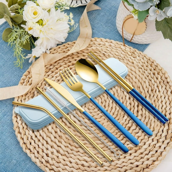 Eoozwa Portable Reusable Travel Utensils Silverware with Case, Camping Cutlery Set, Chopsticks Spoon Knife Fork and Straw Set 7-Piece with Case, Stainless Steel