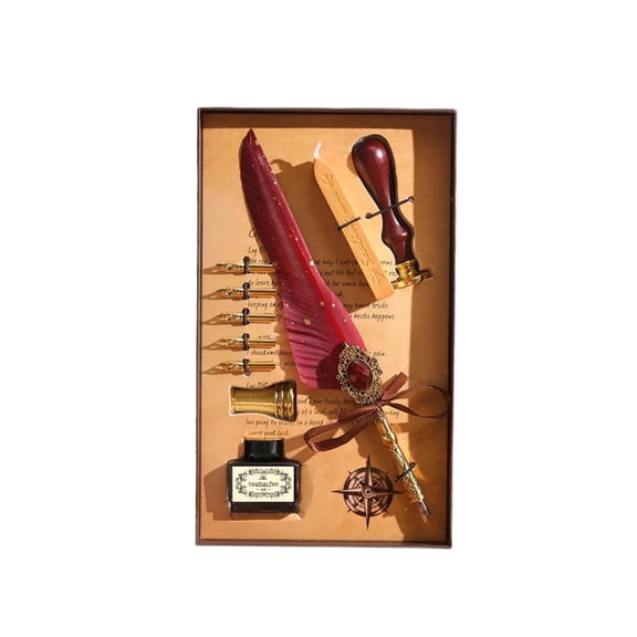 Eoozwa Quill Pen Calligraphy Set, 15ml Ink with 5 Replacement Nibs, Gothic English Calligraphy Dip Pen, Includes Fire Paint Seals and Matching Pen Stand, Gift Boxed