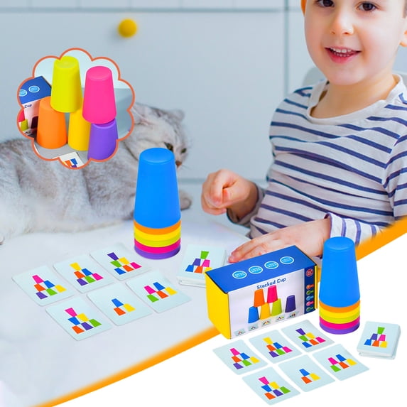 Eoozwa Speed Stacking Cups Set with 50 Challenge Cards for Brain Training Hand Eye Coordination Family Party Competition Game