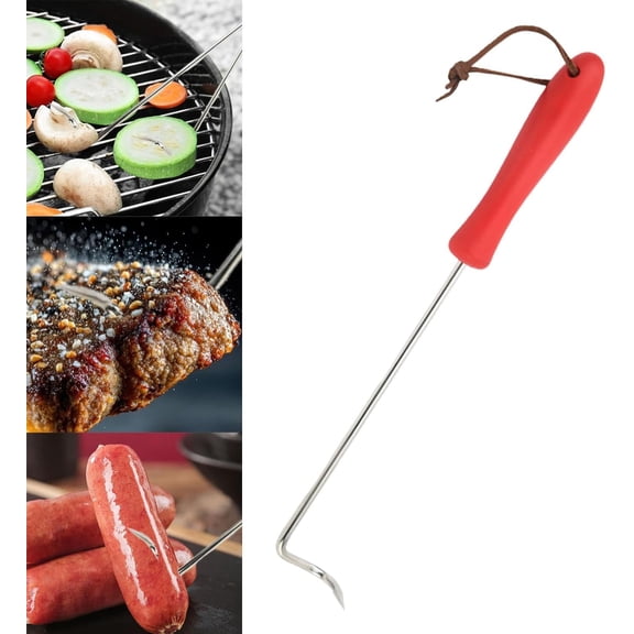 Eoozwa Stainless Steel BBQ Meat Turner Hook for Grilling Steak and Vegetables, Backyard Barbecue and Tailgate Party Essential Tool with Wooden Handle
