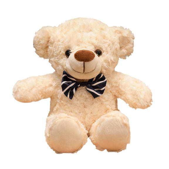 Eoozwa Teddy Bear Plush Doll with Blue Bow Tie, Soft Stuffed Animal in White Brown Khaki, Sitting Pose for Home Shelf Decor, 11.02 Inches