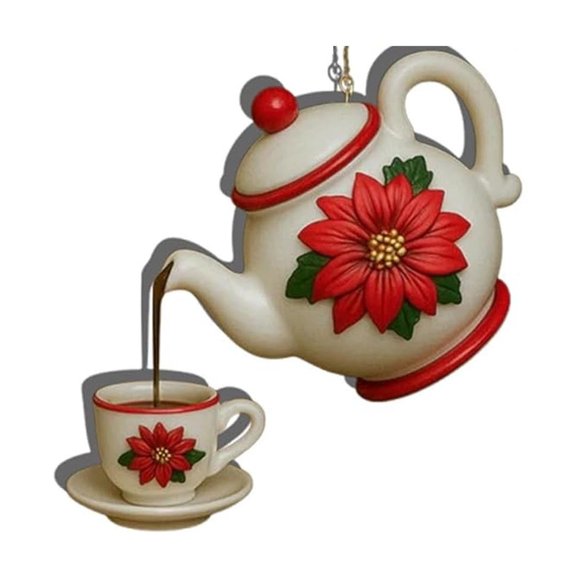 Eoozwa Vintage Christmas Teapot Ornament with Pouring Tea Effect Holly Red Berries Decor for Tea Lovers Holiday Gift Home Decoration