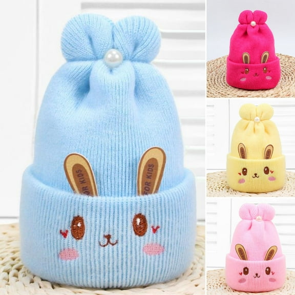 Eoperou 0 6 Months Knitted Hat Hare Ears Embroidery Face Pleated Top Imitation Pearl Decor Stretchy Ear Thicker Autumn Winter Baby Girls Boys Beanie Cap for Trip