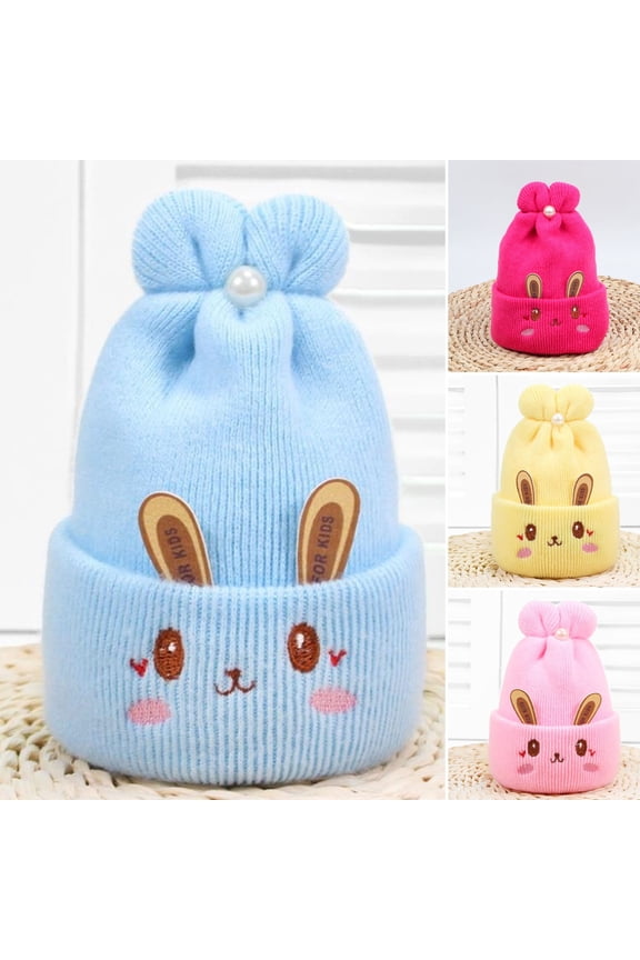 0 6 Months Knitted Hat Hare Ears Embroidery Face Pleated Top Imitation Pearl Decor Stretchy Ear Thicker Autumn Winter Baby Girls Boys Beanie Cap for Trip