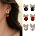 thumbnail image 1 of Eoperou 1 Pair Bowknot Round Bead Pendant Stud Earrings Women Elegant Inlaid Rhinestones Drop Earrings Jewelry Gift, 1 of 8