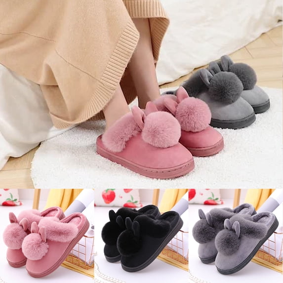 Eoperou 1 Pair Candy Color Anti-skid Cotton Slippers Thick Bottom Women Slip-on Hare Ear Flat House Slippers for Daily Life