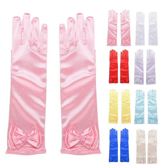 Eoperou 1 Pair Children Performance Gloves Faux Pearl Bow Decor Solid Color Full Fingers Satin Flower Girls Gloves Princess Style Cosplay Gloves