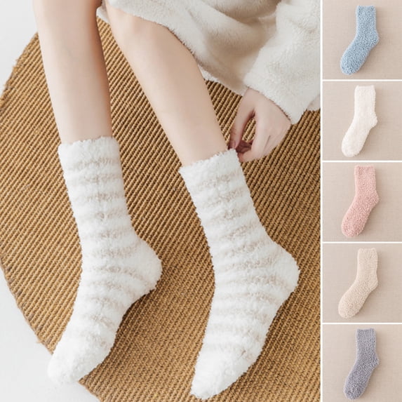 Eoperou 1 Pair Floor Socks Striped Fuzzy Stretchy Soft Mid-calf Cold Resistant Comfortable Winter Thermal Women Indoor Home Slipper Sleeping Socks for Daily Wear