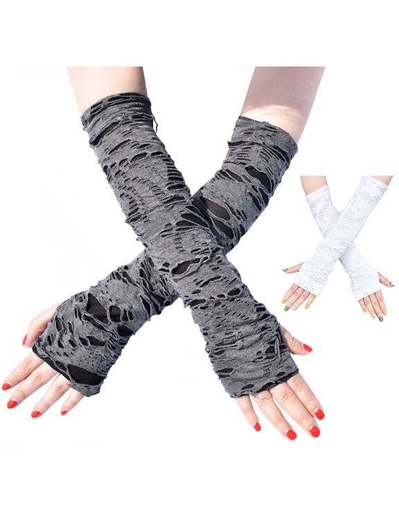 1 Pair Thumbhole Design Long Halloween Fingerless Gloves Casual Ripped Holes Decor Adult Cosplay Gloves Punk Style Arm Sleeves