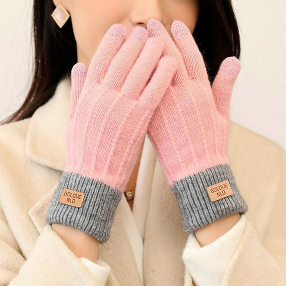 Eoperou 1 Pair Unisex Winter Gloves Knitted Thick Warm Color Matching Touch Screen Anti-slip Elastic Soft Warm Thick Plush Cycling Riding Gloves