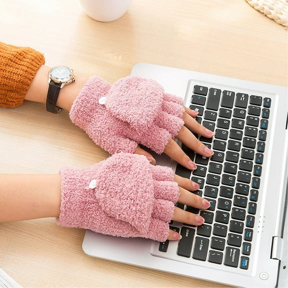 Eoperou 1 Pair Winter Gloves Thick Coral Fleece Half-finger Solid Color Flip Cover Warm Cold-proof Soft Anti-slip Mittens Student Writing Typing Gloves