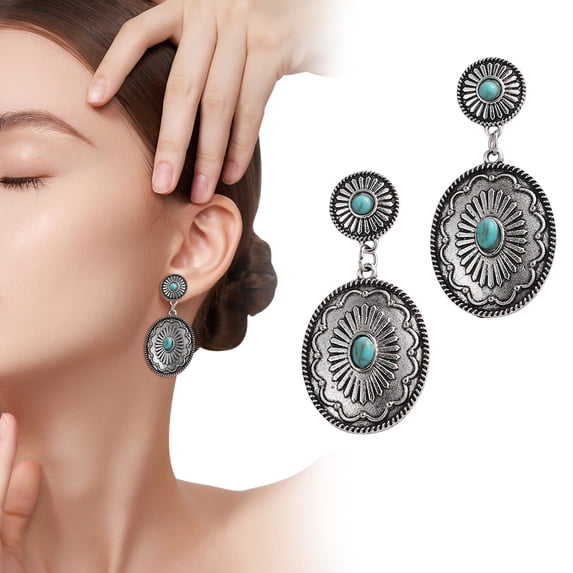 Eoperou 1 Pair Women Dangle Earrings Ethnic Round Shape Retro Bohemian Style Faux Turquoise Stainless Alloy Ear Decoration Jewelry Long Hanging Earrings